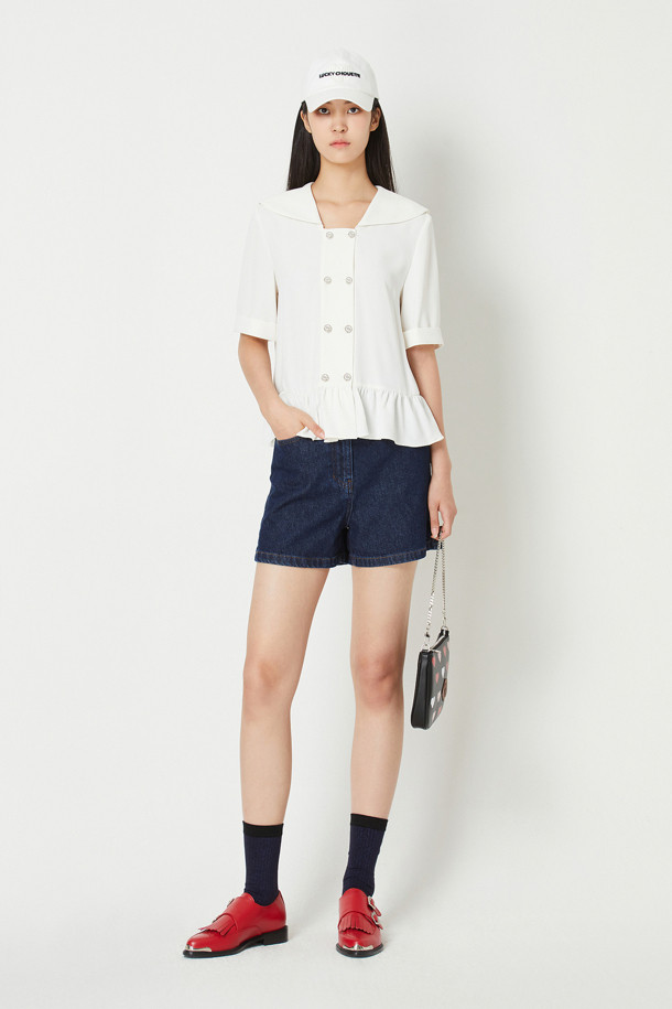 LUCKY CHOUETTE - 블라우스/셔츠 - Polyester Sailor Short-Sleeved Blouse