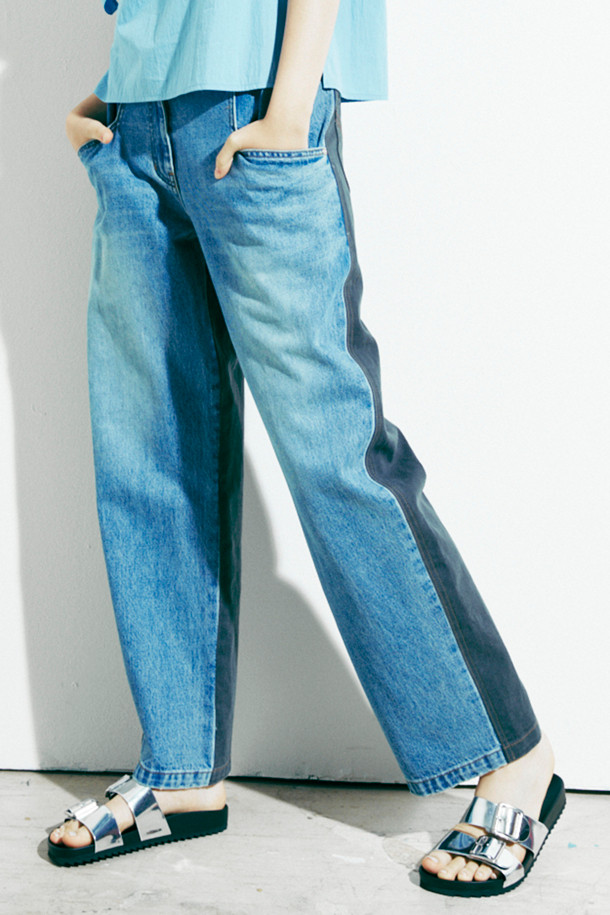 LUCKY CHOUETTE - 스커트/팬츠 - Front Back Color Block Denim Pants