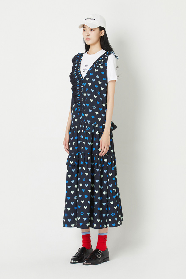 LUCKY CHOUETTE - 민소매 원피스 - Heart Pixel Frill Block Layered Long Dress