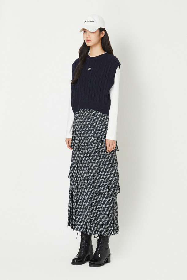 LUCKY CHOUETTE - 스커트/팬츠 - 3-Layer Pleats Back Banding Long Skirt (Print)