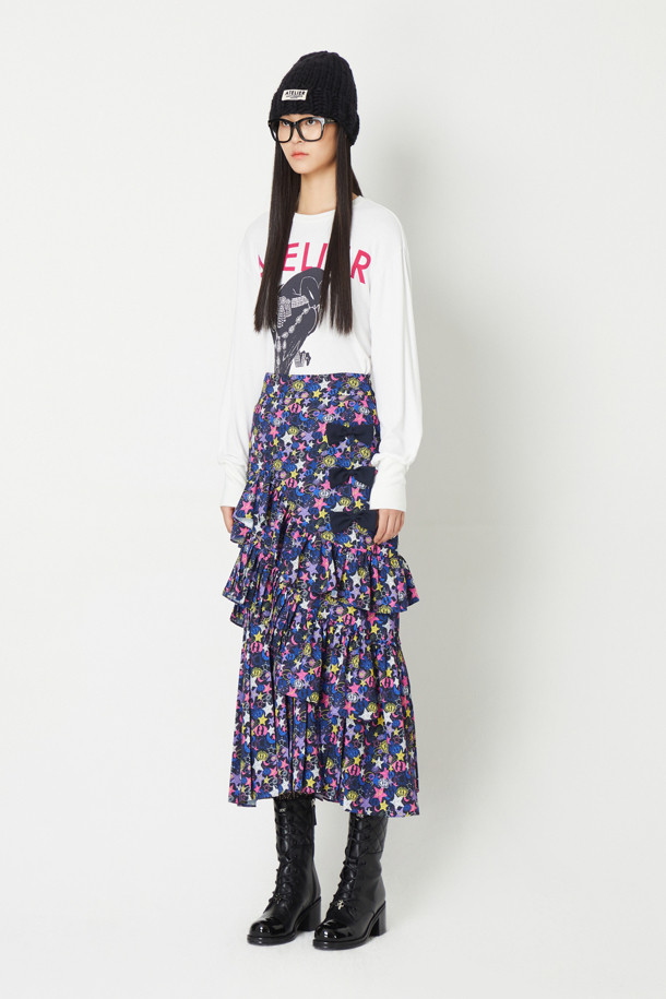 LUCKY CHOUETTE - 스커트/팬츠 - [Atelier] Ribbon Point Shirring Long Skirt (Jewelry Print)