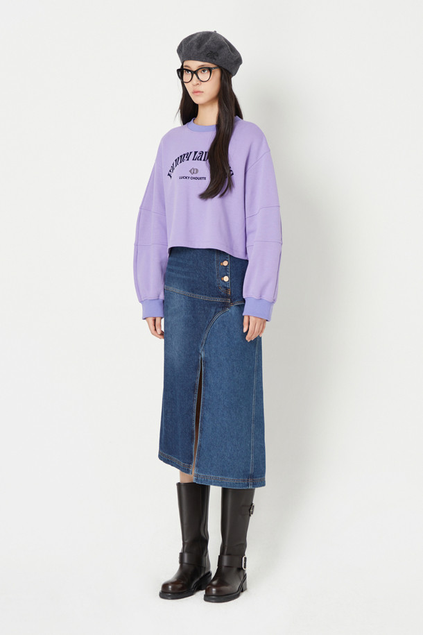 LUCKY CHOUETTE - 스커트/팬츠 - Color Combination Front Slit Denim Skirt