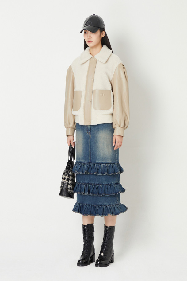 LUCKY CHOUETTE - 미디스커트 - Back Banding Frill Denim Skirt