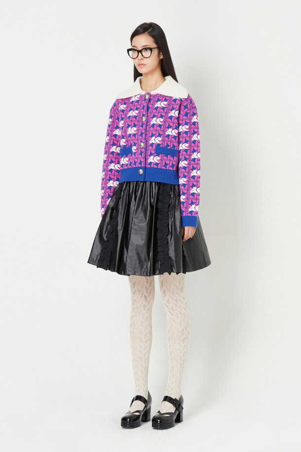 LUCKY CHOUETTE - 니트/가디건 - Lucky Chouette Jacquard Color Coloring Collar Cardigan