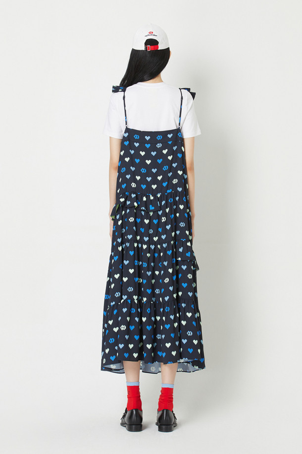 LUCKY CHOUETTE - 민소매 원피스 - Heart Pixel Frill Block Layered Long Dress