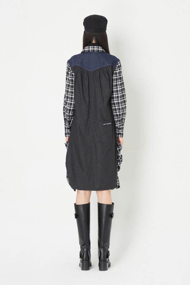 LUCKY CHOUETTE - 긴소매 원피스 - Check Denim Like MIX Shirt-Type Dress