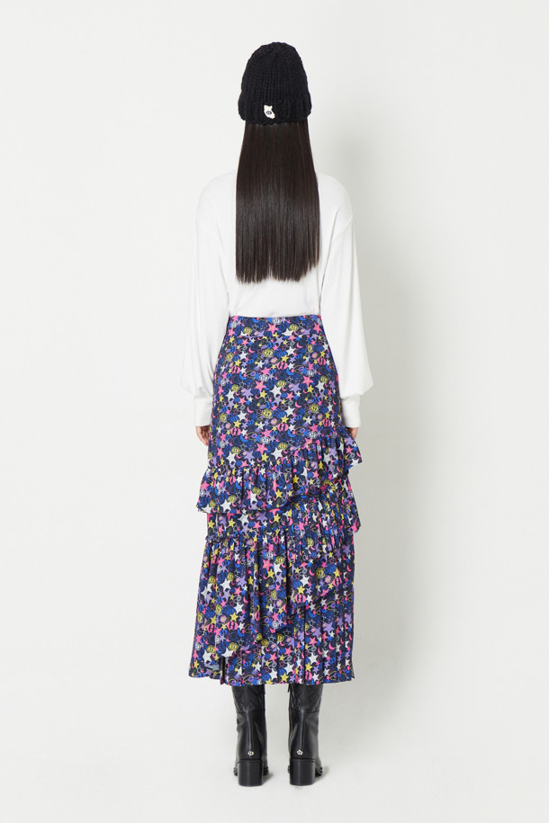 LUCKY CHOUETTE - 스커트/팬츠 - [Atelier] Ribbon Point Shirring Long Skirt (Jewelry Print)