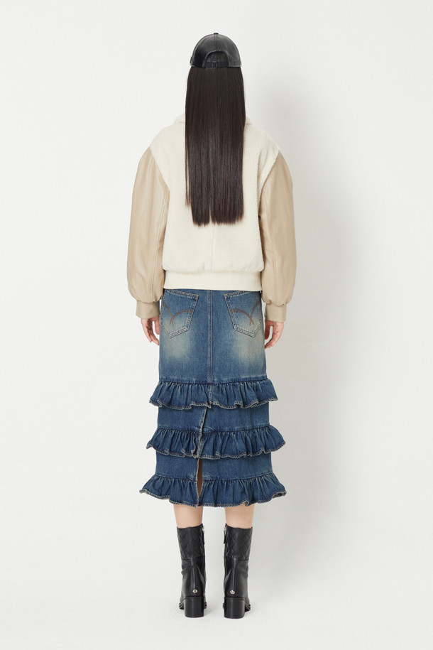 LUCKY CHOUETTE - 미디스커트 - Back Banding Frill Denim Skirt