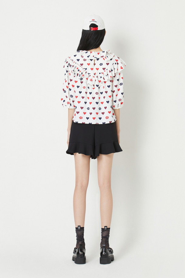 LUCKY CHOUETTE - 블라우스/셔츠 - Frill-point Heart Pixel Print Blouse