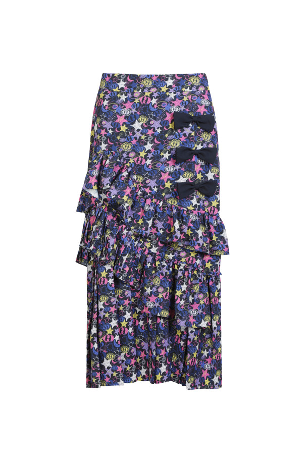 LUCKY CHOUETTE - 스커트/팬츠 - [Atelier] Ribbon Point Shirring Long Skirt (Jewelry Print)