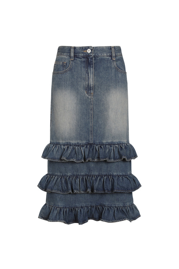 LUCKY CHOUETTE - 미디스커트 - Back Banding Frill Denim Skirt