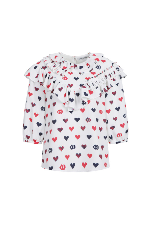 LUCKY CHOUETTE - 블라우스/셔츠 - Frill-point Heart Pixel Print Blouse