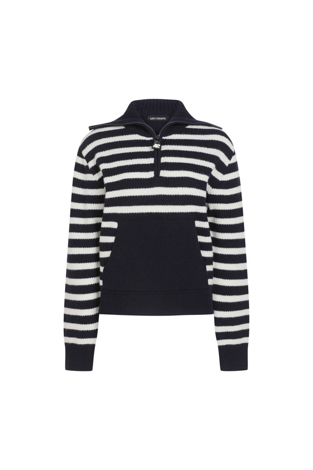 LUCKY CHOUETTE - 니트/가디건 - [셀럽착용] Stripe Half Zip-up Kangaroo Pocket Pullover