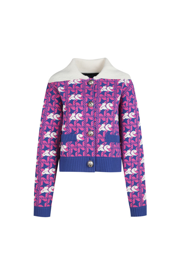 LUCKY CHOUETTE - 니트/가디건 - Lucky Chouette Jacquard Color Coloring Collar Cardigan