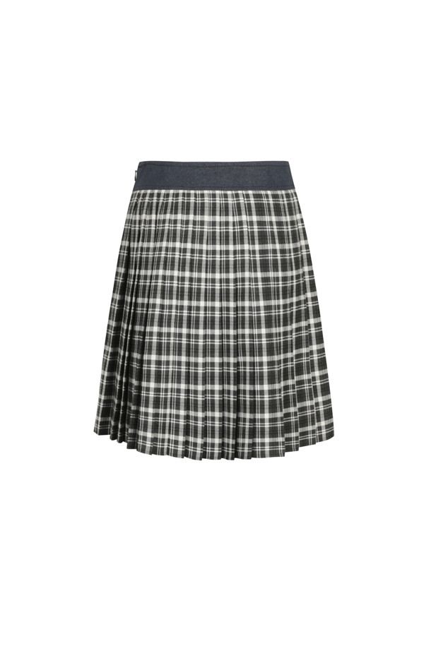 LUCKY CHOUETTE - 미디스커트 - Denim Overcoat Checkered Pleats Skirt