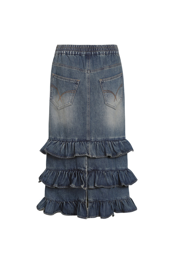 LUCKY CHOUETTE - 미디스커트 - Back Banding Frill Denim Skirt