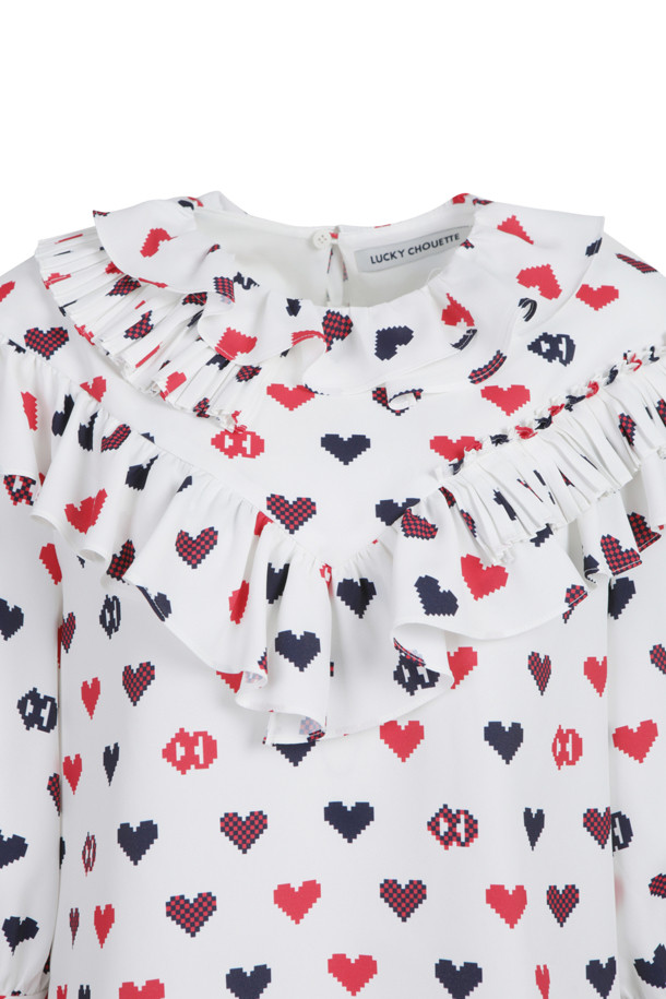 LUCKY CHOUETTE - 블라우스/셔츠 - Frill-point Heart Pixel Print Blouse