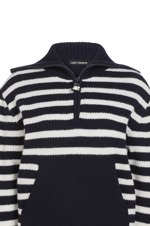 LUCKY CHOUETTE - 니트/가디건 - [셀럽착용] Stripe Half Zip-up Kangaroo Pocket Pullover