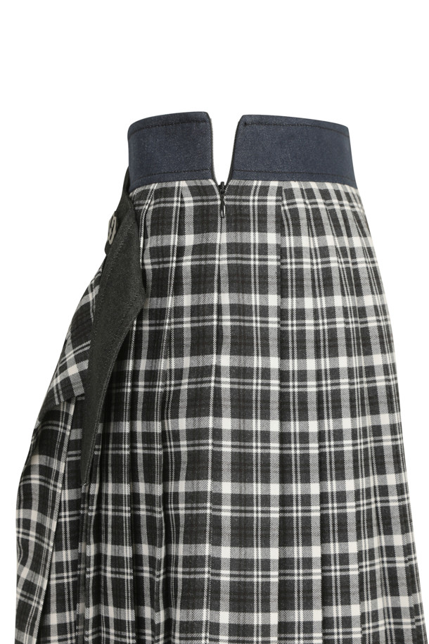 LUCKY CHOUETTE - 미디스커트 - Denim Overcoat Checkered Pleats Skirt