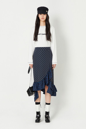 Frill Point Back Banding Long Skirt (Dot Print)