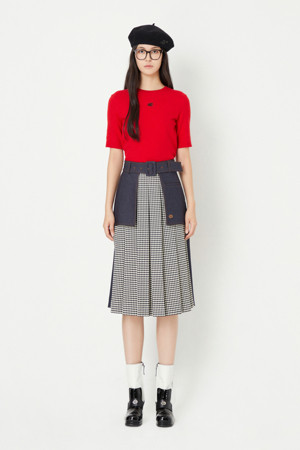 [셀럽착용] Check Denim MIX Pleats Skirt (With Belt)