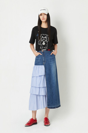 Stripe Color Unbalance Denim Long Skirt