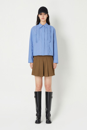 Pleated Point Cotton Long-Sleeved Blouse