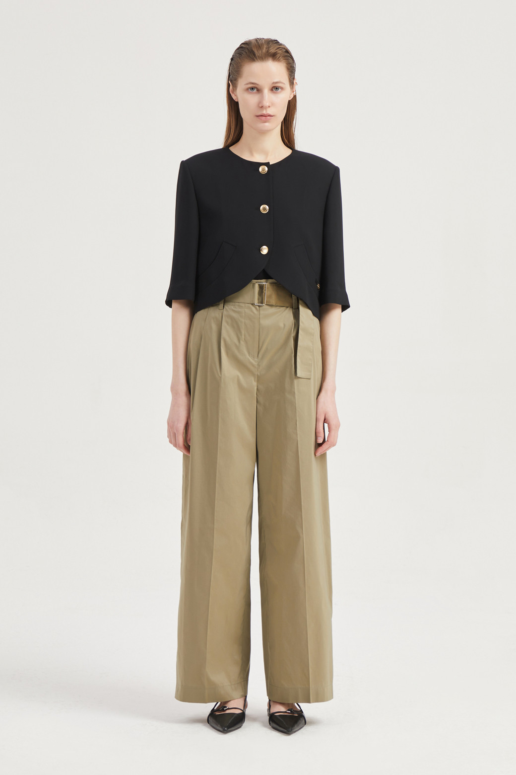LUCKY CHOUETTE - 자켓 - Round-Neck Short-Sleeved Cropped Polyester Jacket