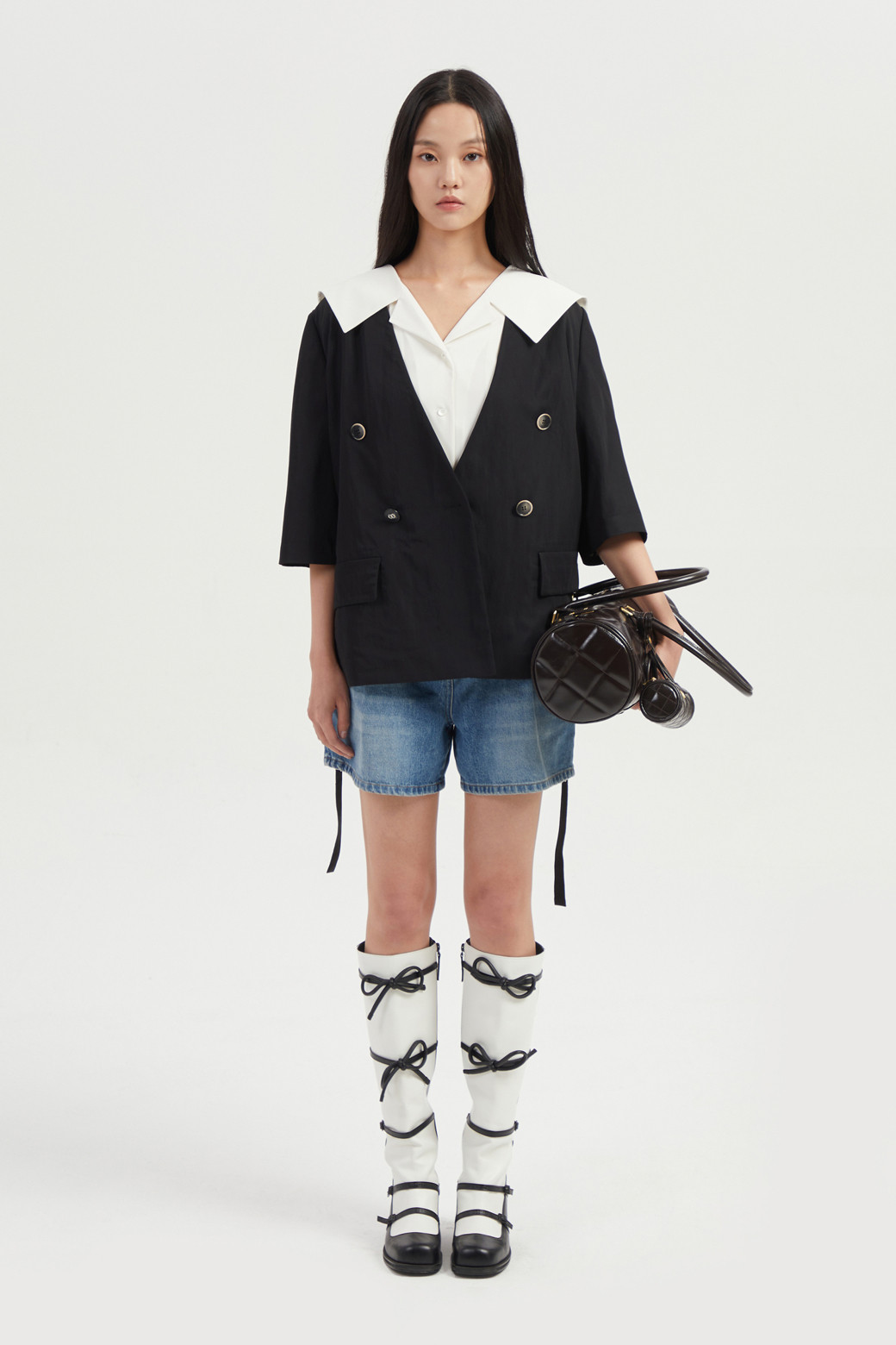 LUCKY CHOUETTE - 자켓 - Collarless V Neck Jacket (With Belt)