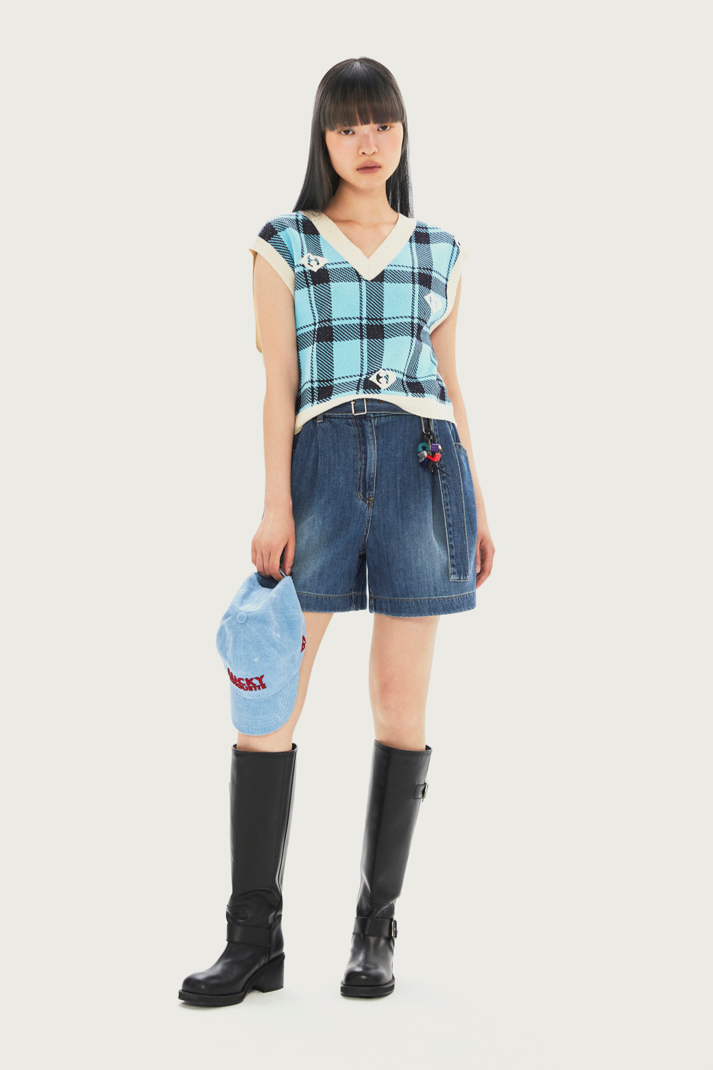 LUCKY CHOUETTE - 쇼트팬츠 - [Re-Order] Tuck Denim Shorts (With Belt)