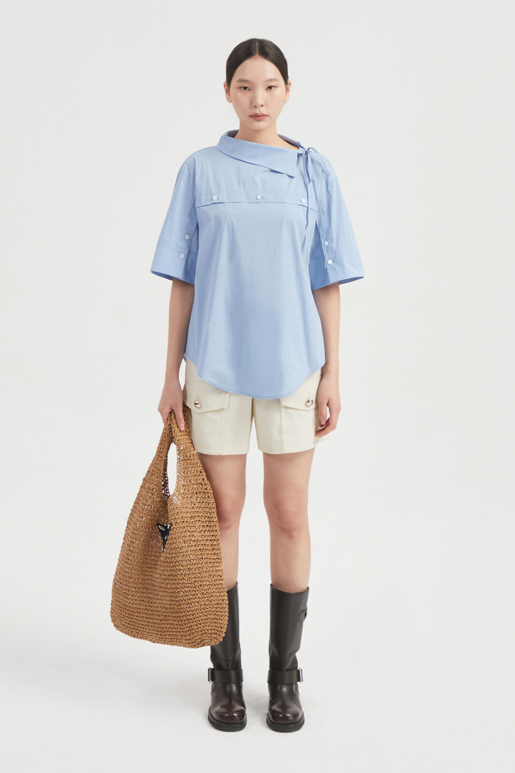 LUCKY CHOUETTE - 블라우스/셔츠 - Button Point Cotton Half Sleeve Blouse