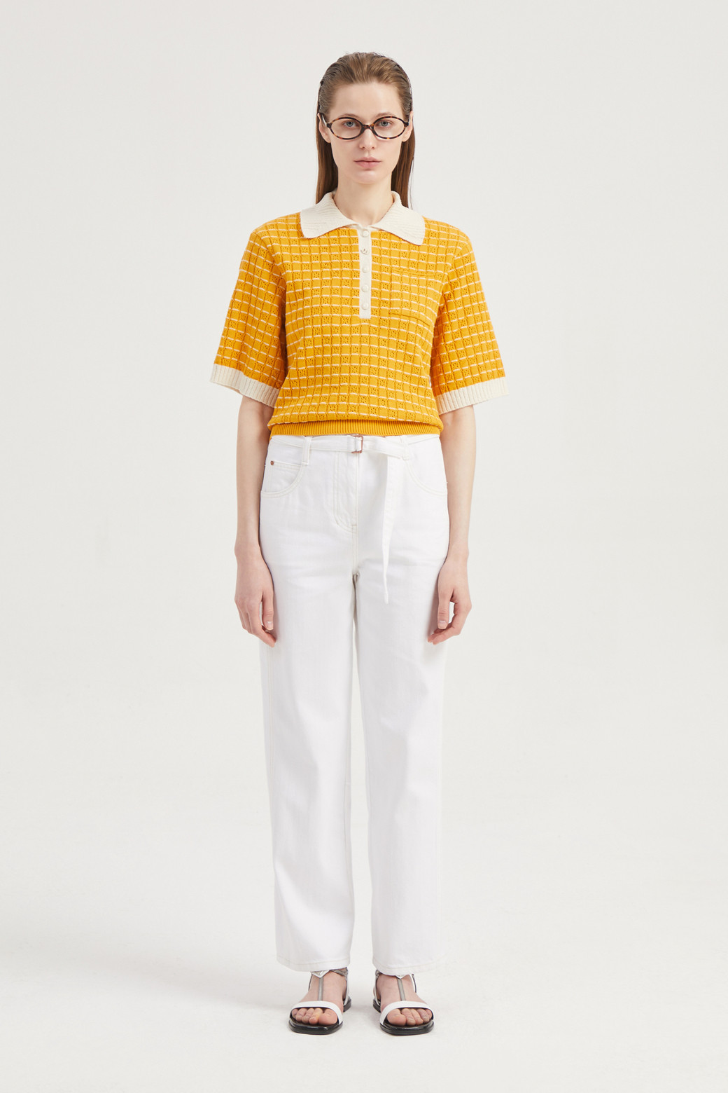 LUCKY CHOUETTE - 니트/가디건 - Color Block Short-Sleeved Collar Pullover