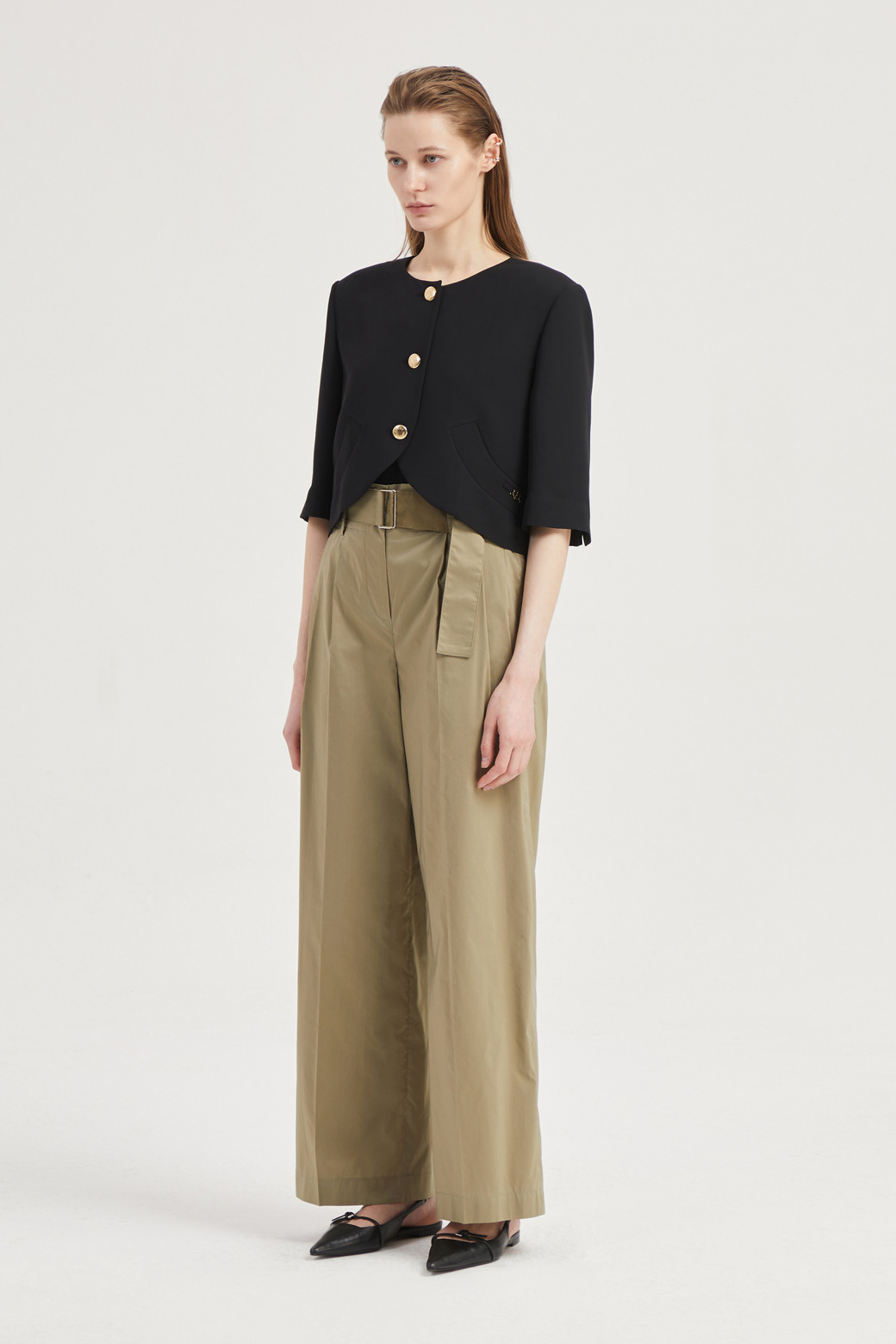 LUCKY CHOUETTE - 자켓 - Round-Neck Short-Sleeved Cropped Polyester Jacket