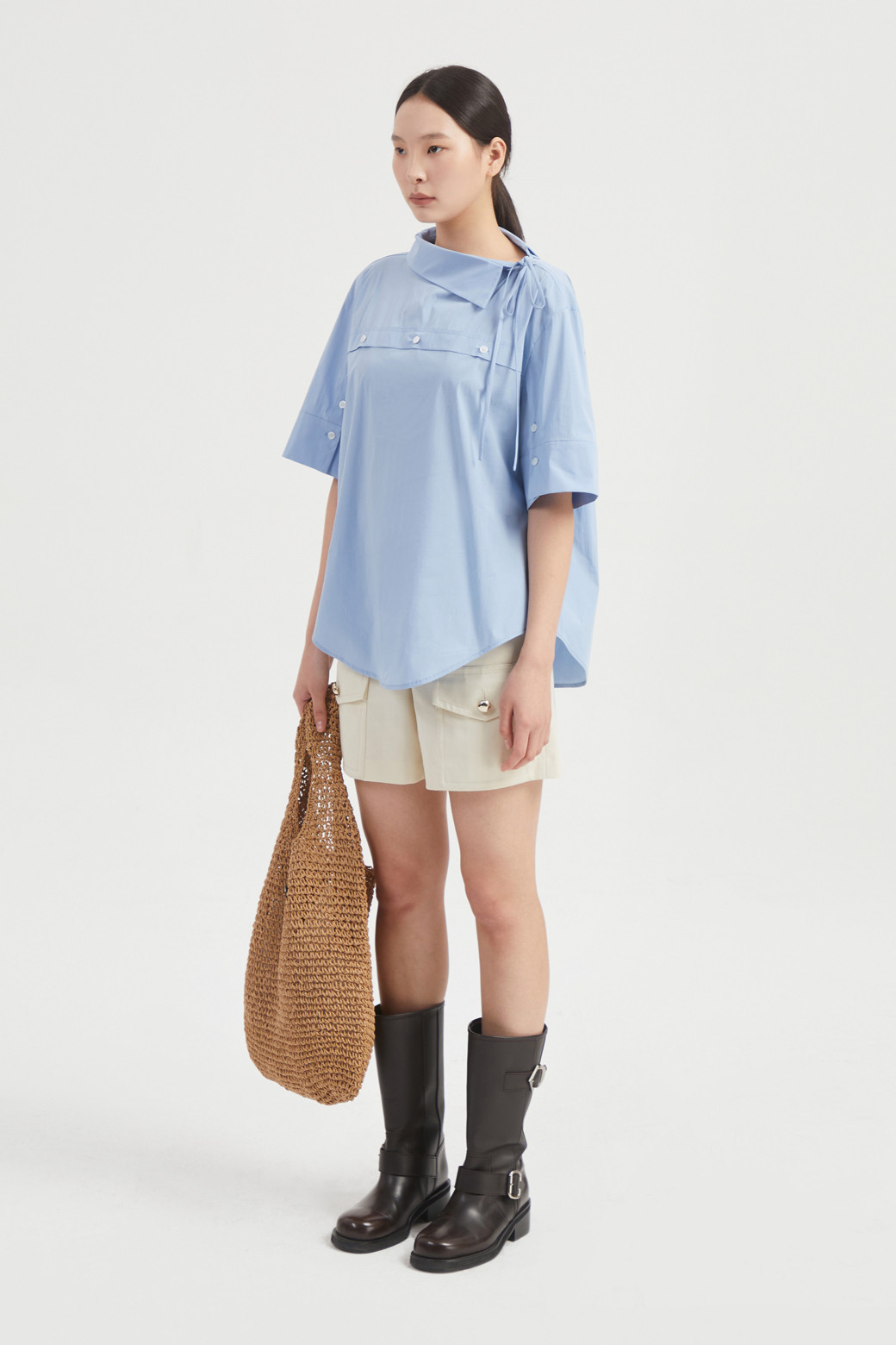 LUCKY CHOUETTE - 블라우스/셔츠 - Button Point Cotton Half Sleeve Blouse