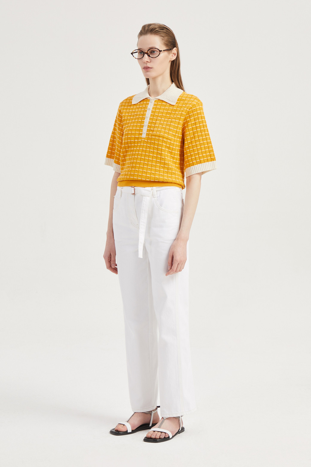 LUCKY CHOUETTE - 니트/가디건 - Color Block Short-Sleeved Collar Pullover