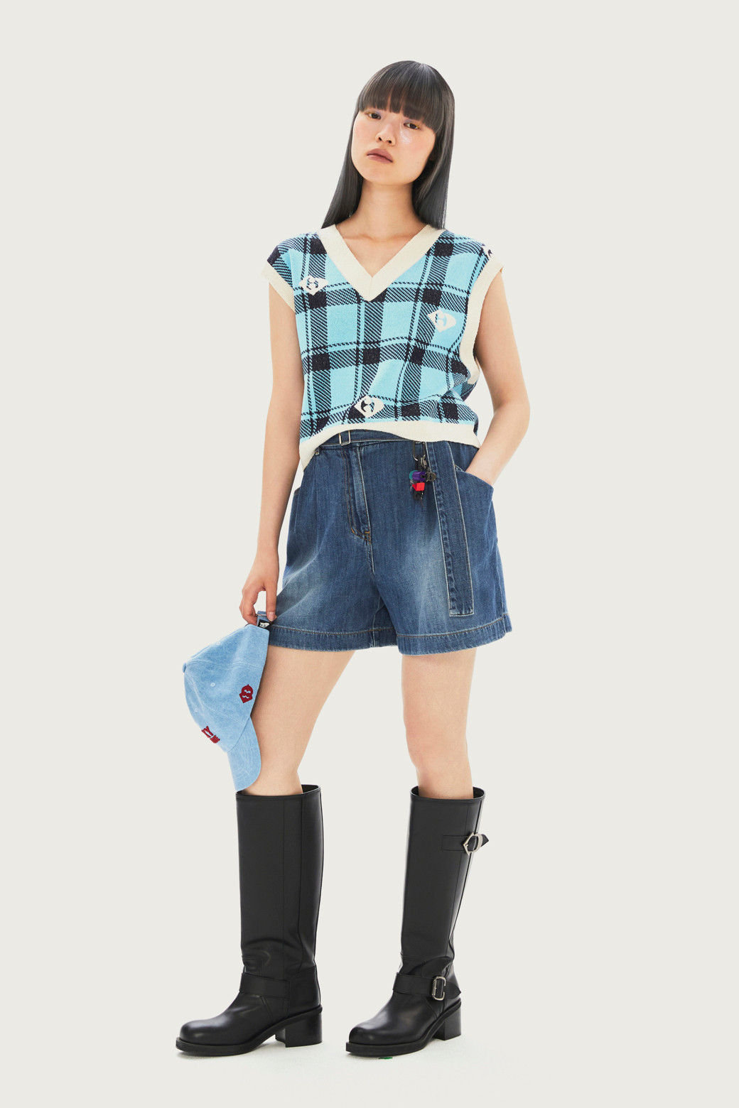 LUCKY CHOUETTE - 쇼트팬츠 - [Re-Order] Tuck Denim Shorts (With Belt)