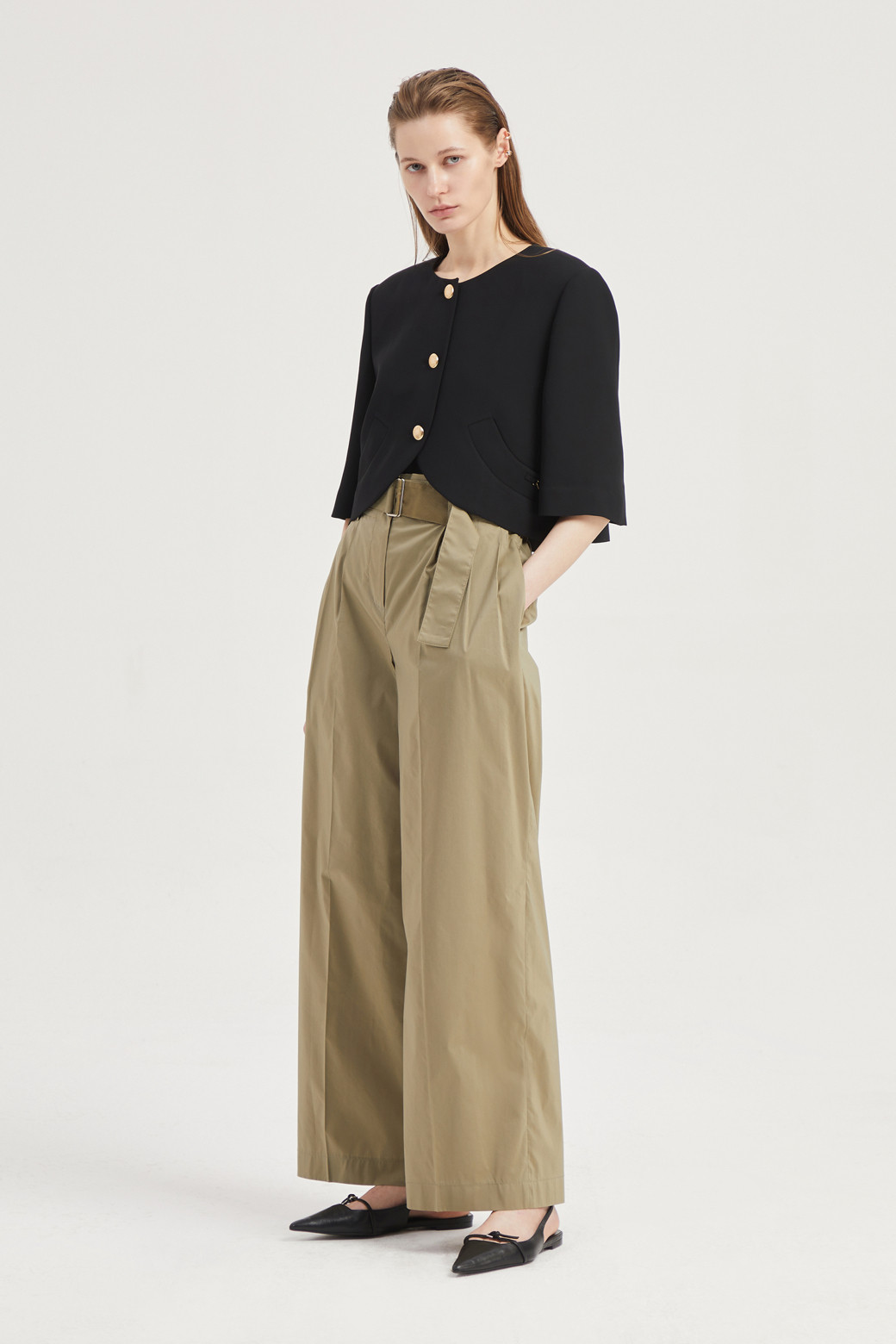LUCKY CHOUETTE - 자켓 - Round-Neck Short-Sleeved Cropped Polyester Jacket