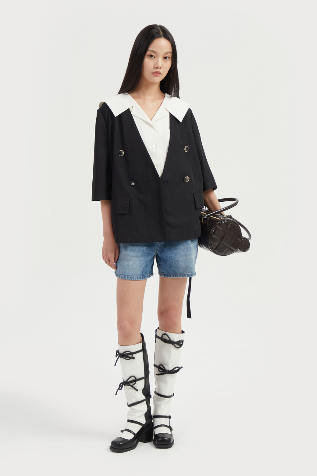 LUCKY CHOUETTE - 자켓 - Collarless V Neck Jacket (With Belt)