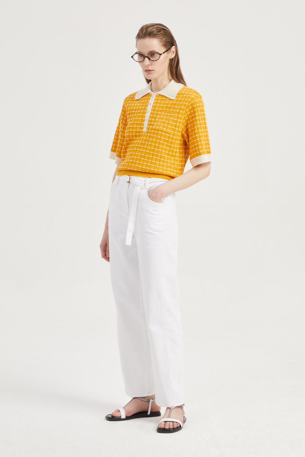 LUCKY CHOUETTE - 니트/가디건 - Color Block Short-Sleeved Collar Pullover