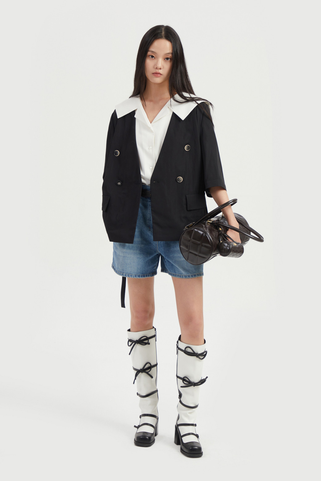 LUCKY CHOUETTE - 자켓 - Collarless V Neck Jacket (With Belt)