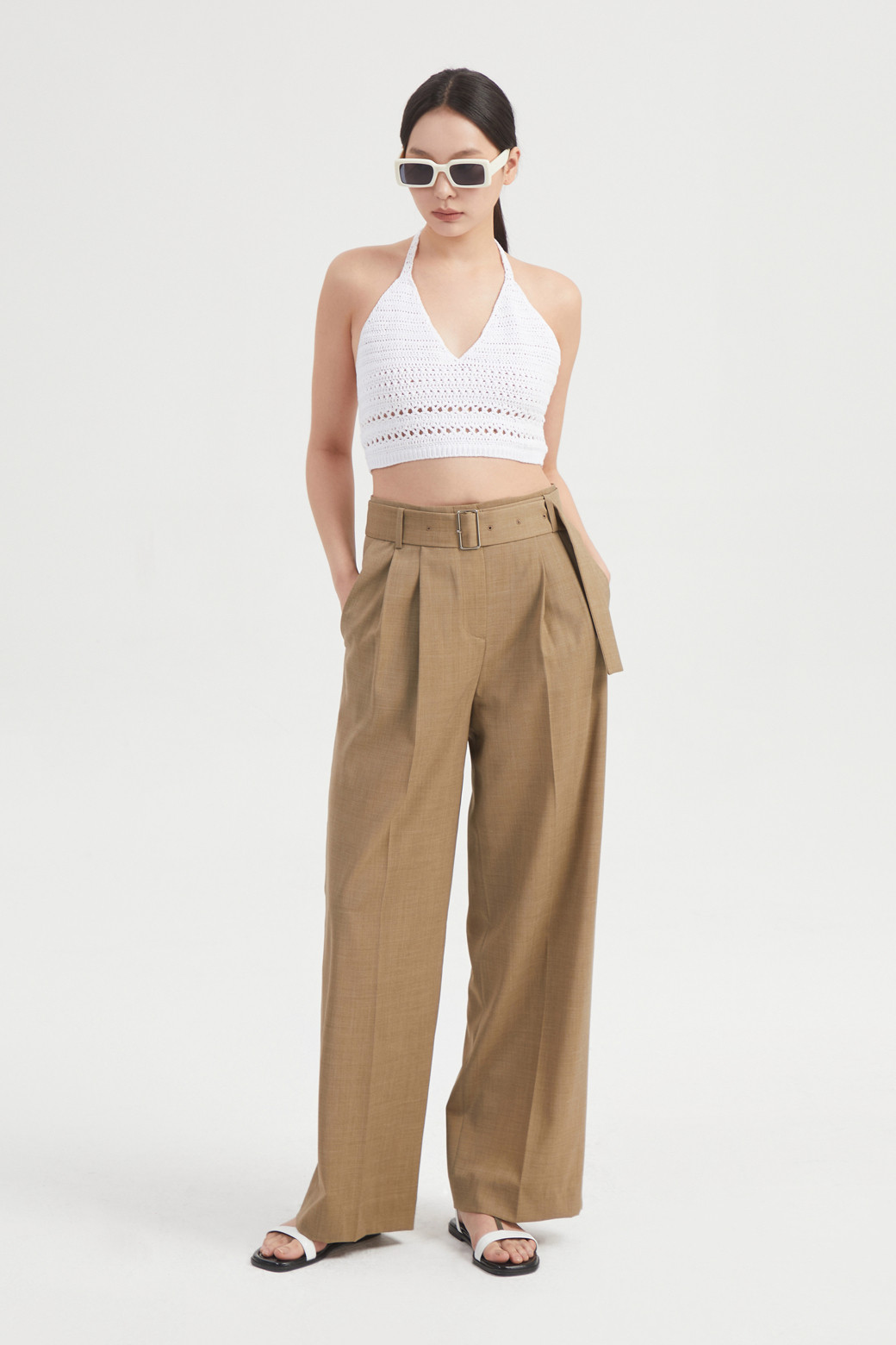 LUCKY CHOUETTE - 스커트/팬츠 - Wool Blend Wide Pants (With Belt)