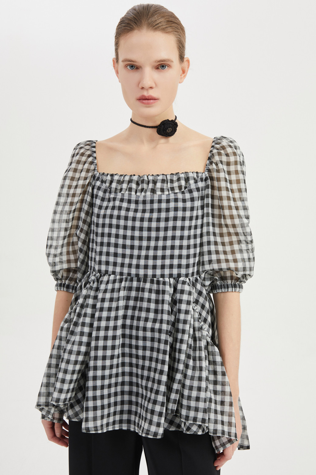 LUCKY CHOUETTE - 블라우스 - [Atelier] Back Ribbon Checkered Short Sleeve Blouse