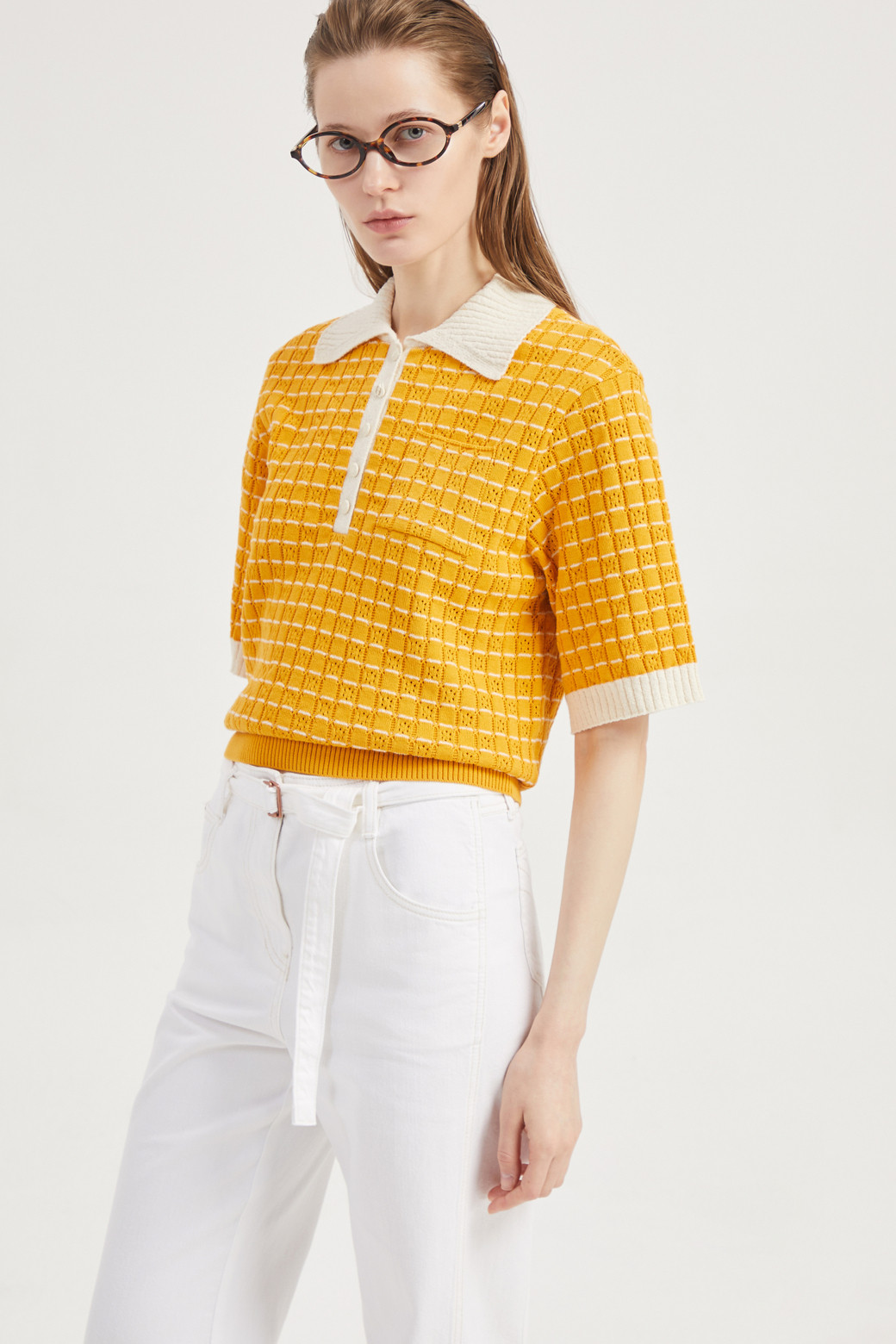 LUCKY CHOUETTE - 니트/가디건 - Color Block Short-Sleeved Collar Pullover