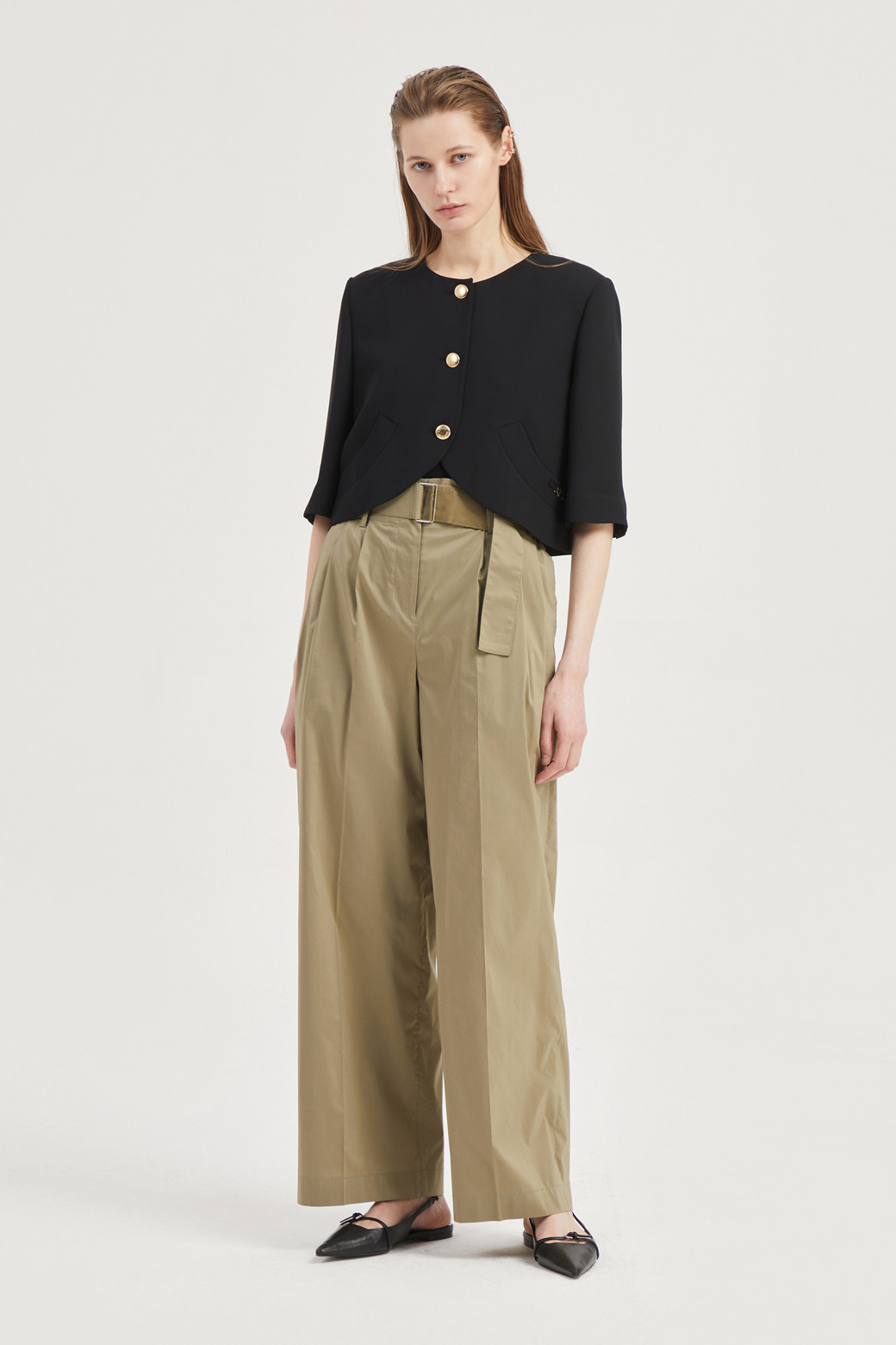 LUCKY CHOUETTE - 자켓 - Round-Neck Short-Sleeved Cropped Polyester Jacket