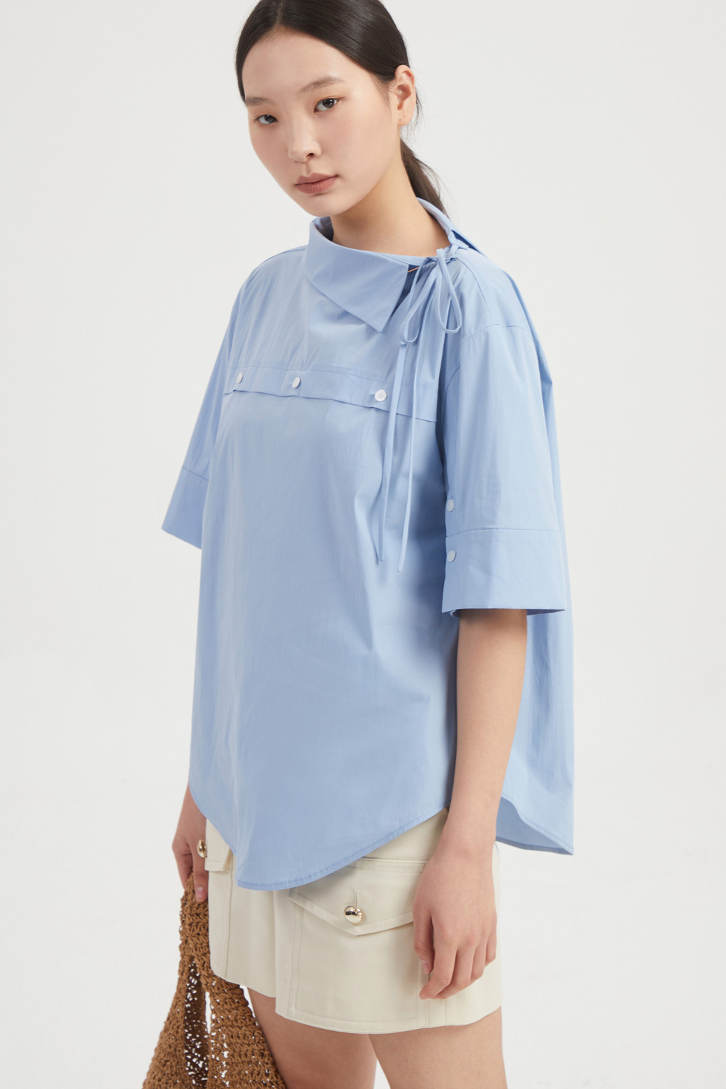LUCKY CHOUETTE - 블라우스/셔츠 - Button Point Cotton Half Sleeve Blouse