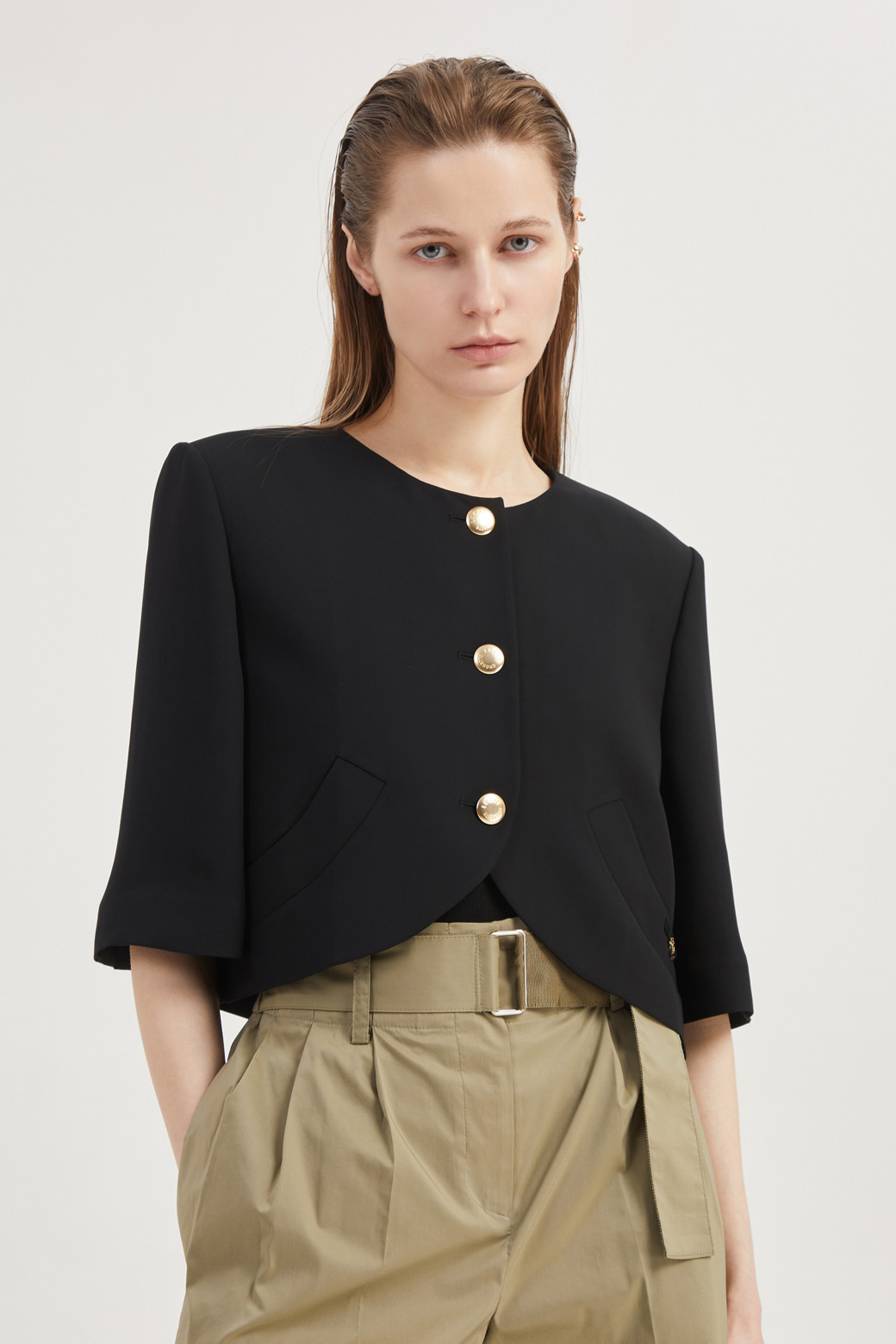 LUCKY CHOUETTE - 자켓 - Round-Neck Short-Sleeved Cropped Polyester Jacket