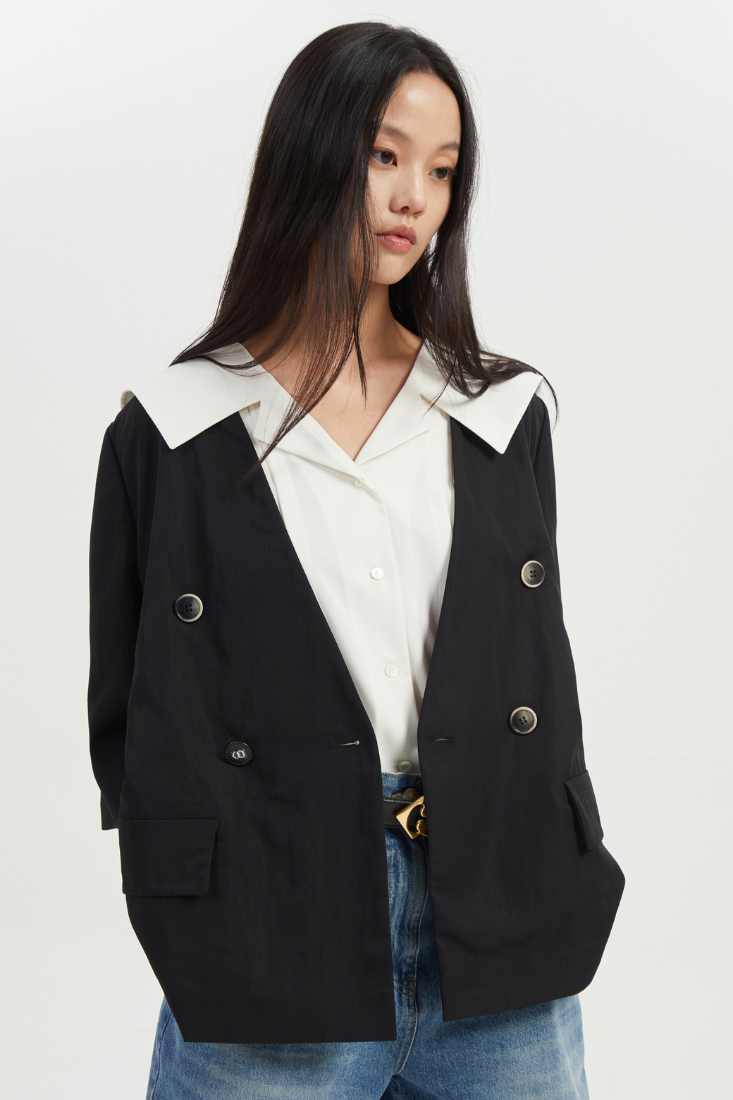 LUCKY CHOUETTE - 자켓 - Collarless V Neck Jacket (With Belt)