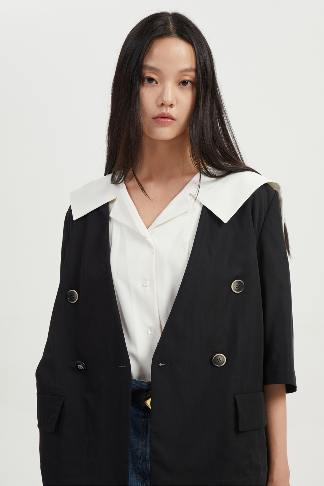 LUCKY CHOUETTE - 자켓 - Collarless V Neck Jacket (With Belt)