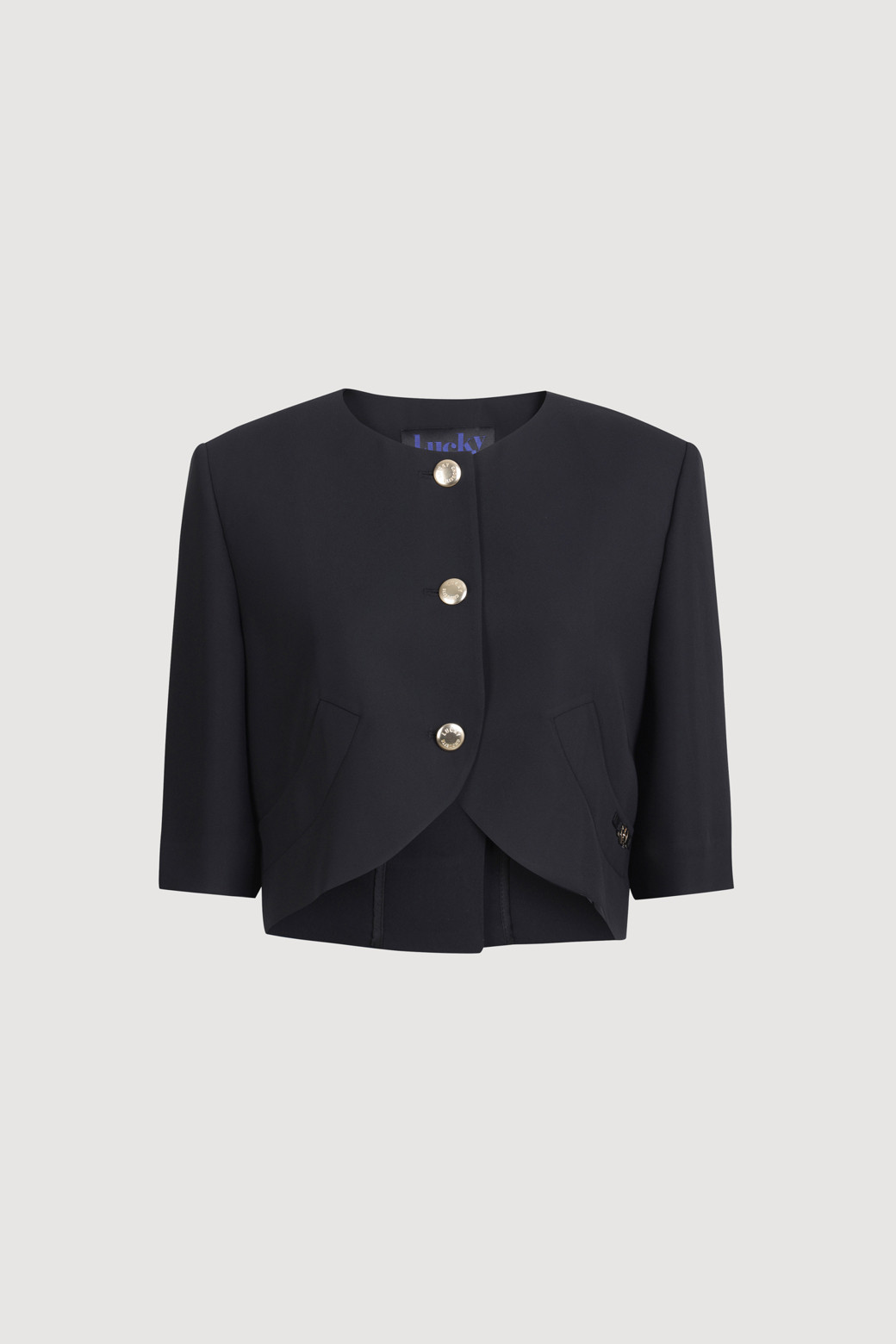 LUCKY CHOUETTE - 자켓 - Round-Neck Short-Sleeved Cropped Polyester Jacket