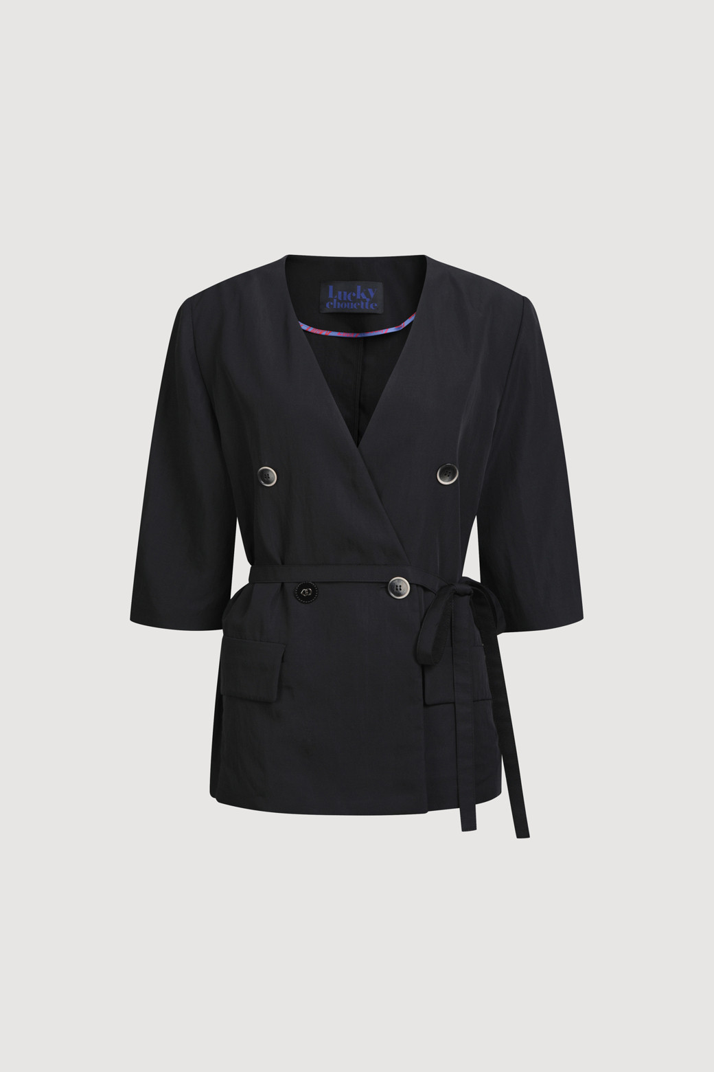 LUCKY CHOUETTE - 자켓 - Collarless V Neck Jacket (With Belt)